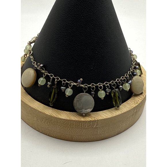 Beaded Bracelet With Green Gray & Pearl Charms Silver Chain Adjustable Size - Picture 3 of 5